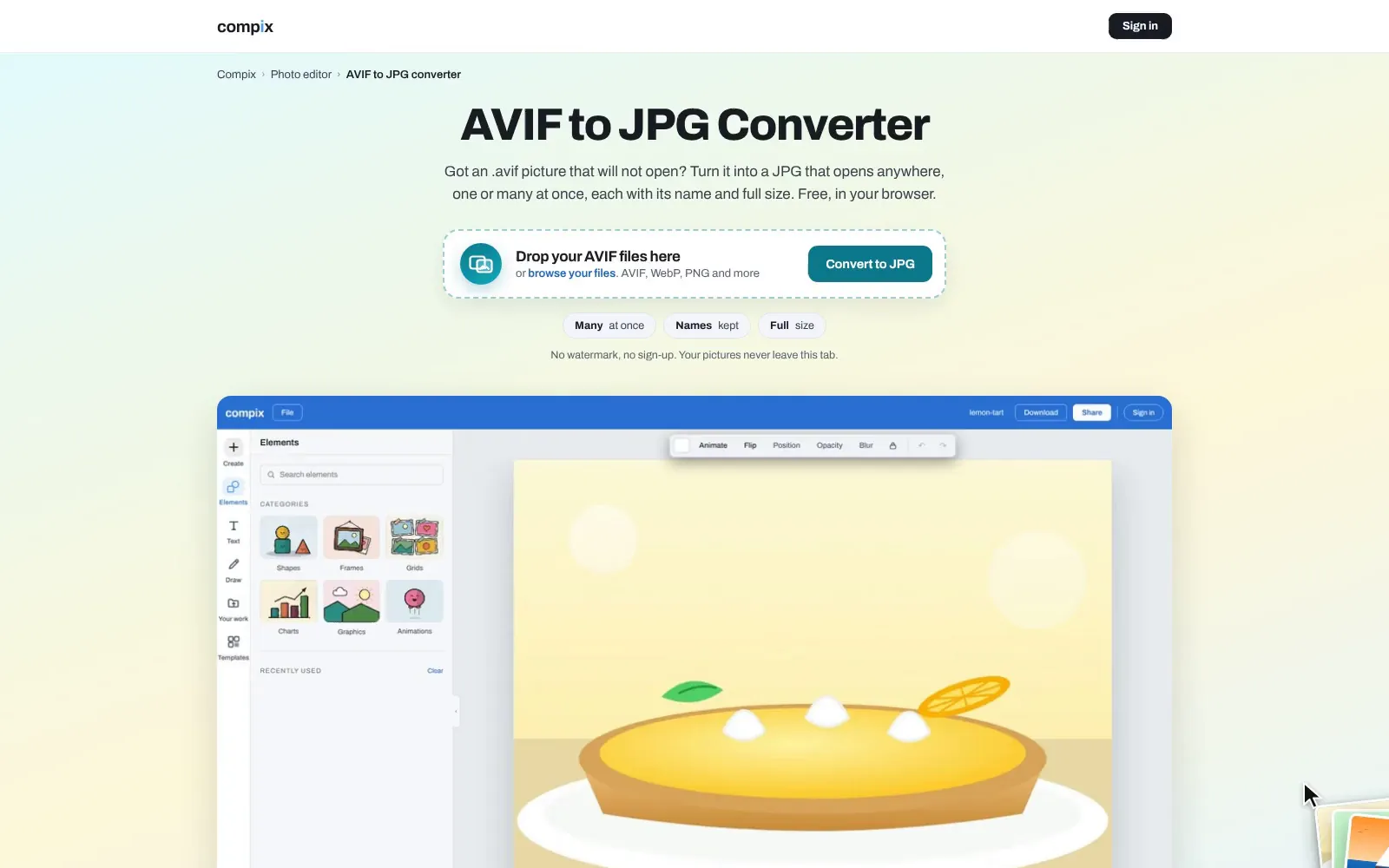The AVIF to JPG converter page, its editor picture showing three AVIF pictures open in the Compix editor, a page for each, with a lemon tart on the page