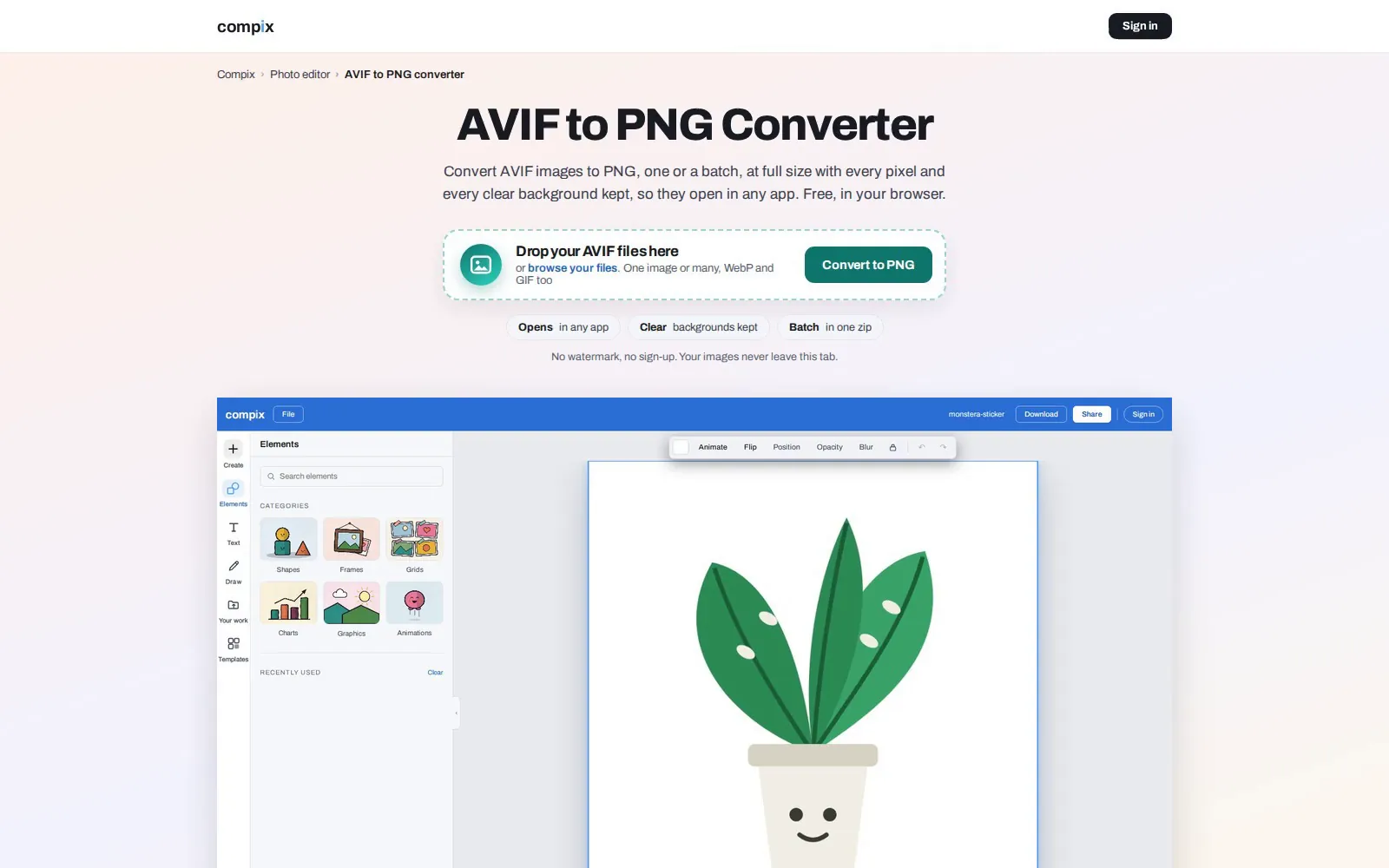 The Compix page for AVIF to PNG, its editor picture showing a plant sticker opened from an AVIF file