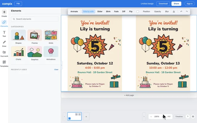 Two versions of a birthday invitation open whole, side by side, in Compix; the slider wipes across the date, a blink flips between them, and diff lights up only the changed date and time