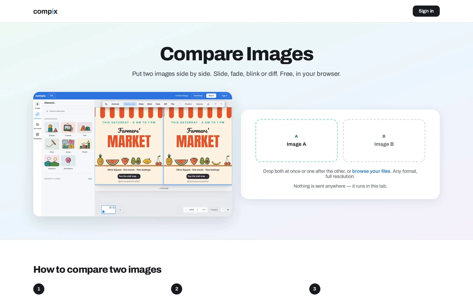Two versions of a Farmers' Market post dropped on this page open side by side in Compix; slider, blink and diff find the one change