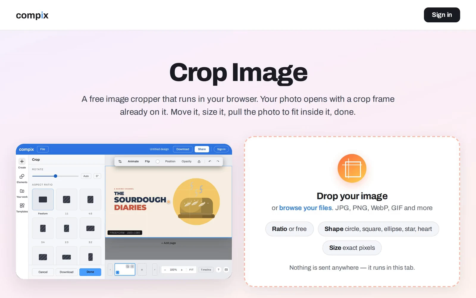 An image dropped on this page opens big in Compix: 1:1, 9:16, then a 4:5 post, done