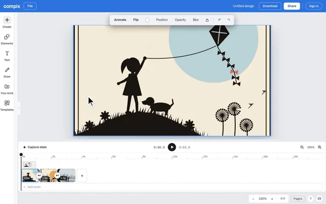 The Compix editor with three photos, one per page and a second each; they play one after another, and the Download menu is open on GIF at 12 fps