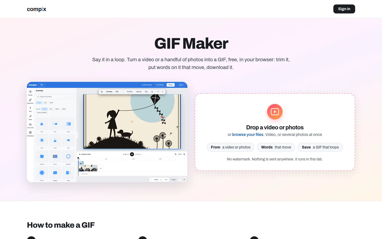 Three photos dropped on the GIF maker open in Compix one per page, a second each; they play as a slideshow and the Download menu is already on GIF