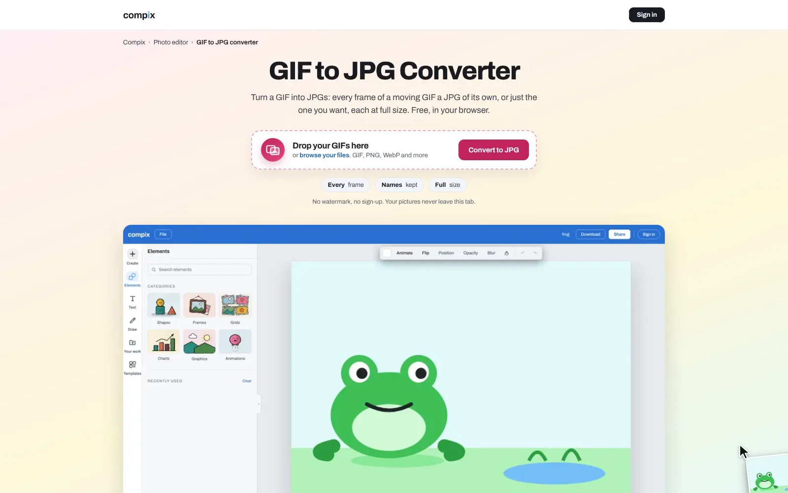 The GIF to JPG converter page, its editor picture showing a hopping frog GIF open in the Compix editor, a page for each of its frames