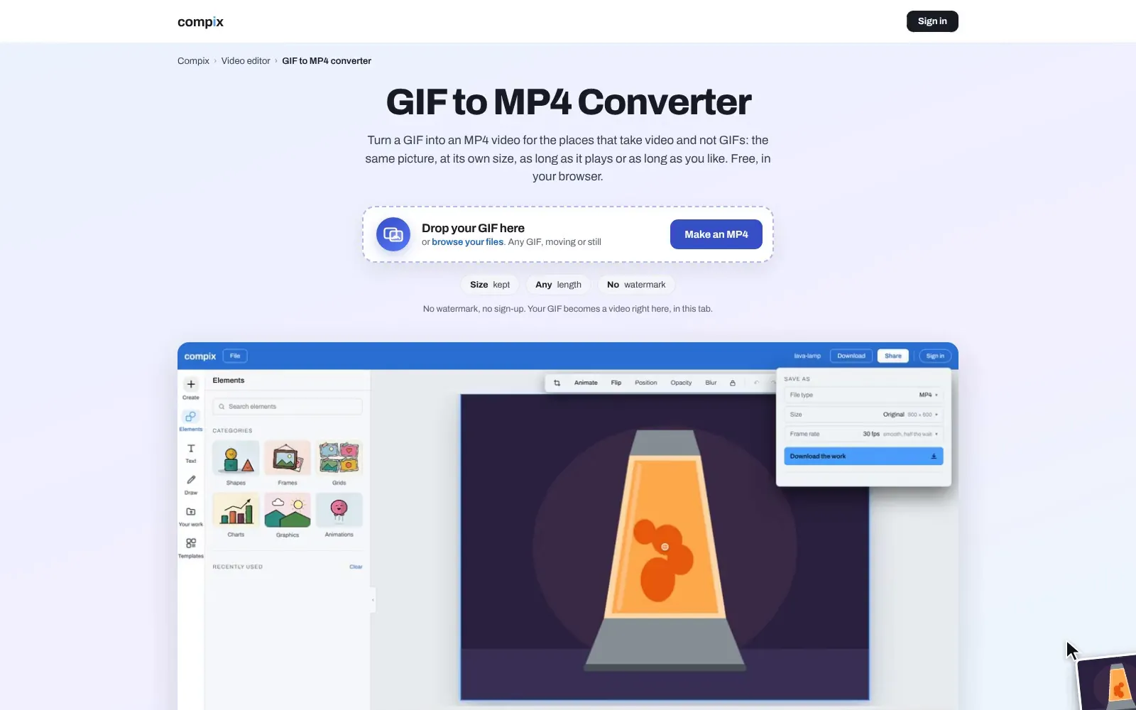 The GIF to MP4 converter page, its drop box, and below it the Compix editor with a lava lamp GIF made for it, open on its own page with the Download menu on MP4
