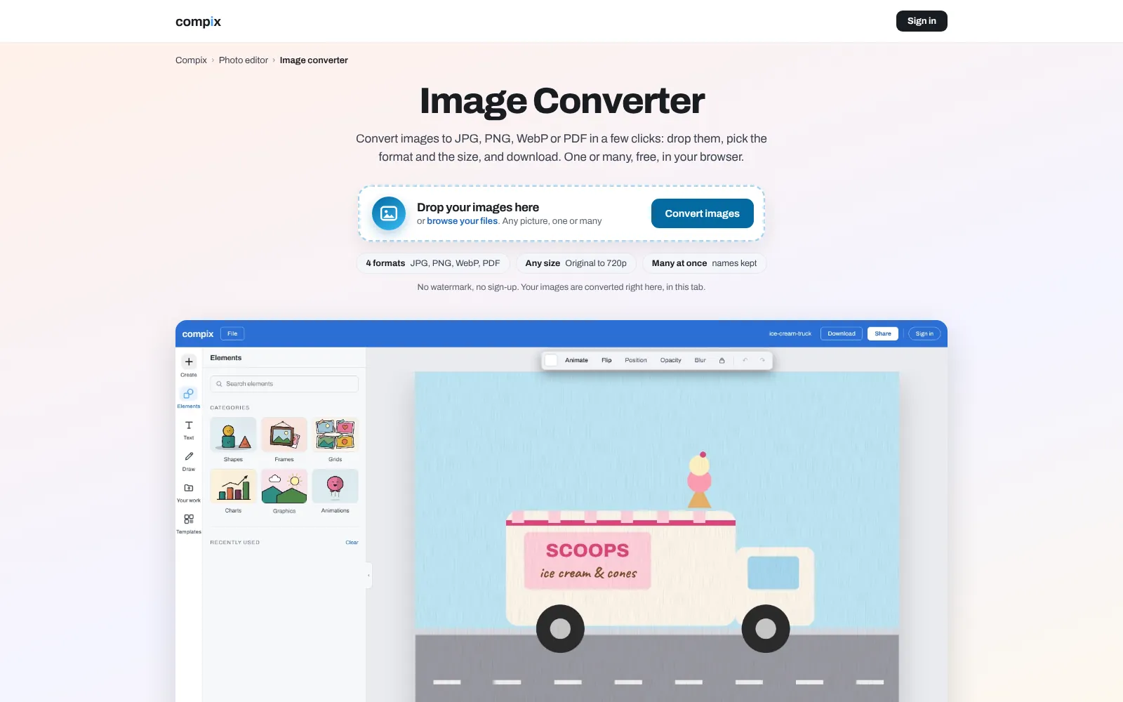 The Compix image converter page, its editor picture showing an ice cream truck opened from a WebP file