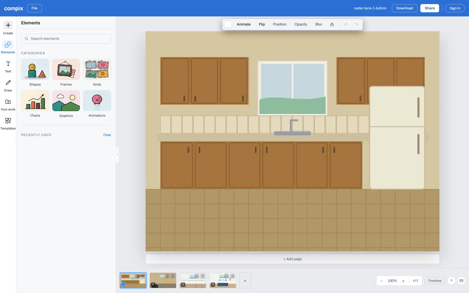 The JPEG to PDF converter page, its editor picture showing four photos of a kitchen remodel on Cedar Lane opened as the pages of one PDF in the Compix editor