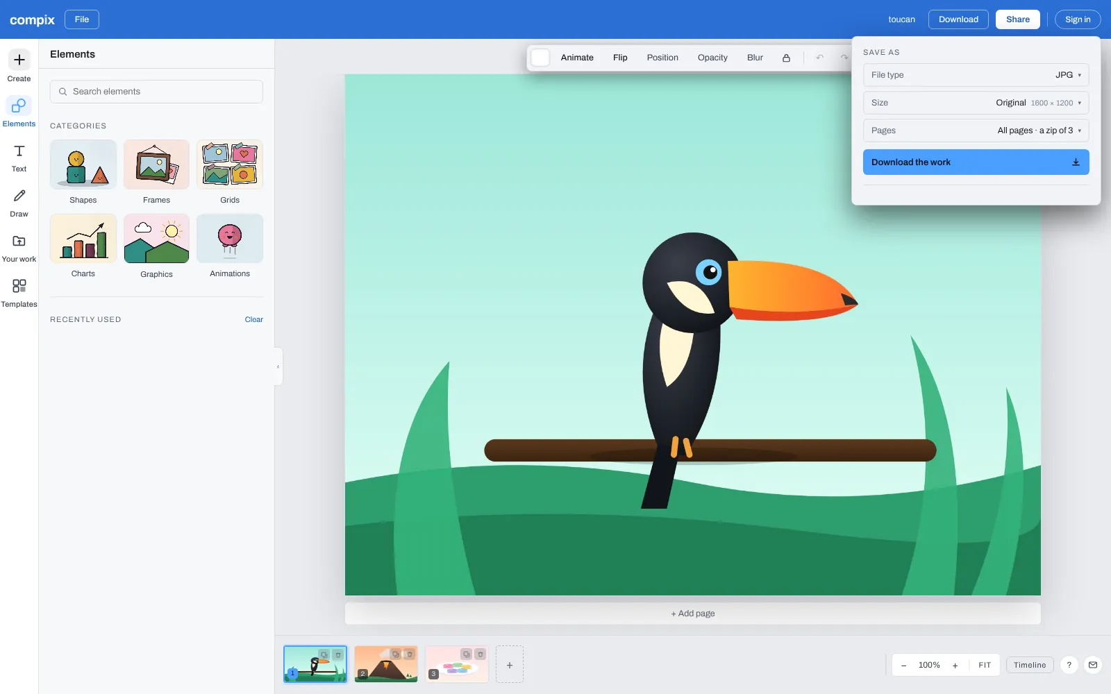 The Compix editor with three pictures dropped from the JPEG to JPG page, a toucan, a volcano and a plate of macarons, a page each, and the Download menu on JPG