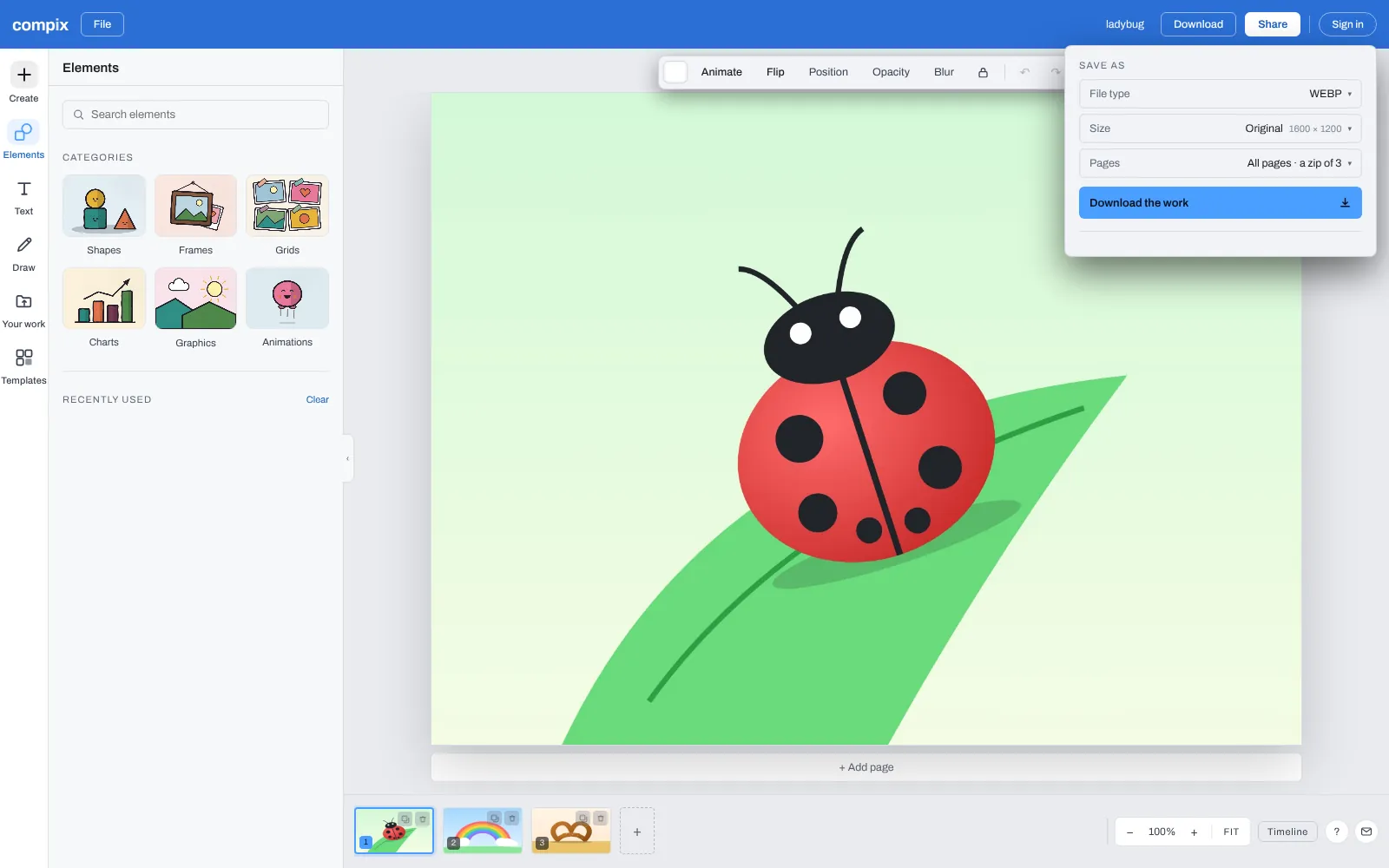 The Compix editor with three JPEG photos dropped from the JPEG to WebP page, a ladybug, a rainbow and a pretzel, a page each, and the Download menu on WebP