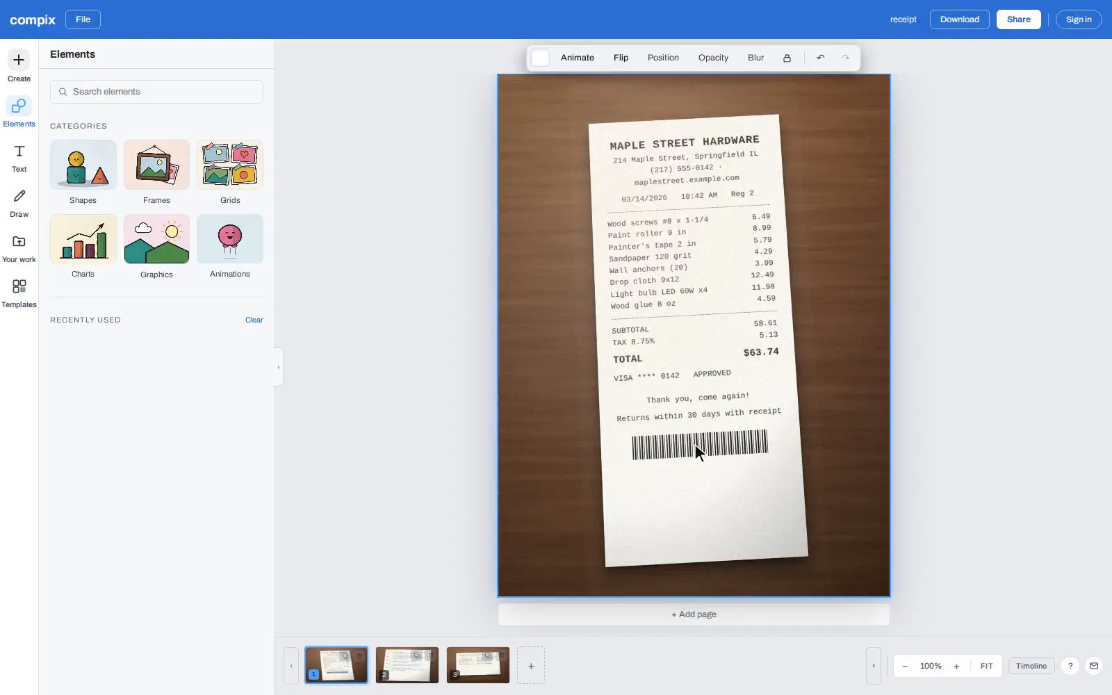 The Compix editor with three phone photos opened as three pages: a hardware store receipt on the page, and a homework page and a recipe card in the strip below