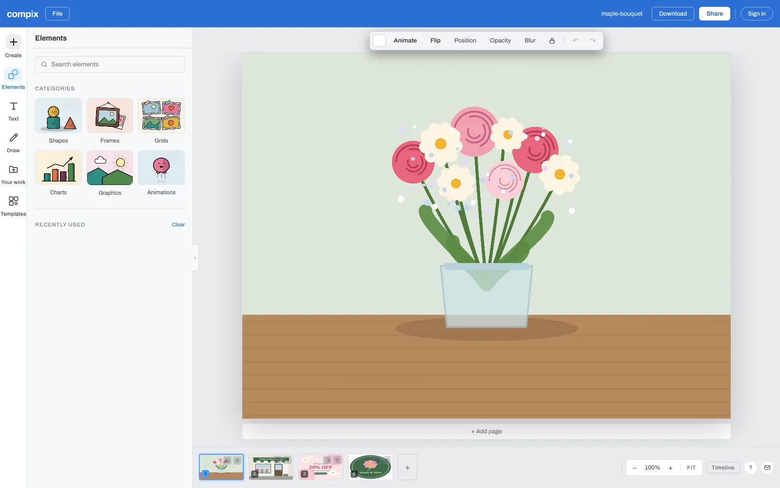 The JPG converter page, its editor picture showing four pictures from Maple & Moss Flowers, a bouquet, the shop front, a spring sale graphic and the shop logo, opened as pages with the Download menu on JPG