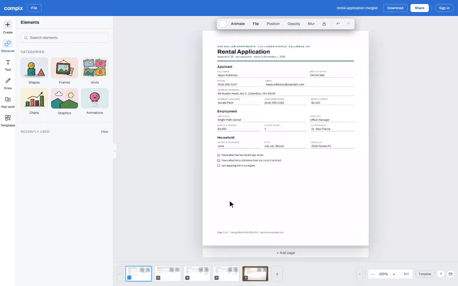 The Compix editor with Maya Robinson's rental application packet merged from two PDFs and a phone photo of a reference letter: the application on the page and all five pages in the strip below