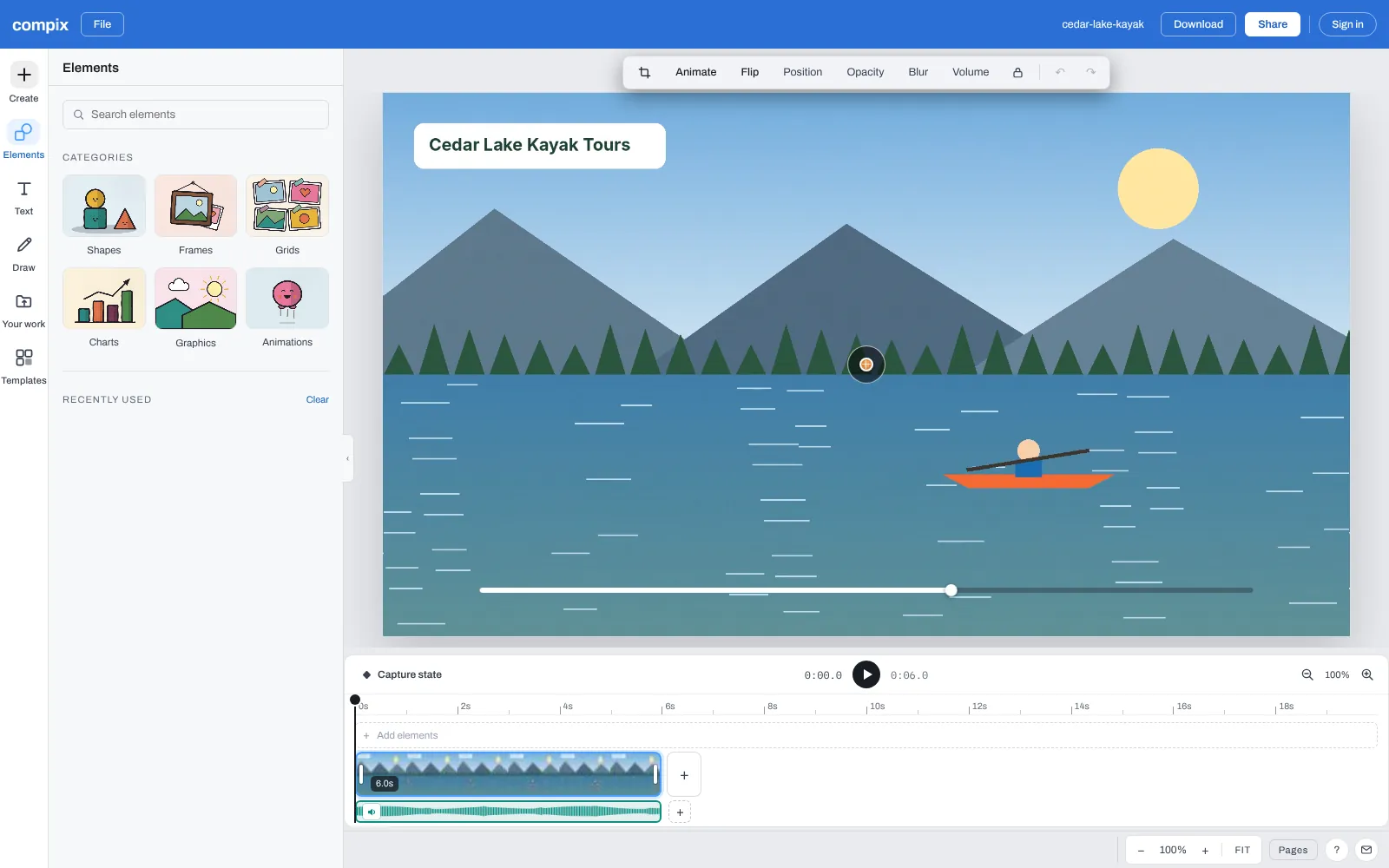 The MOV to MP4 converter page, its editor picture showing a video of a kayak crossing a mountain lake, from Cedar Lake Kayak Tours, open as a video page with the Download menu on MP4