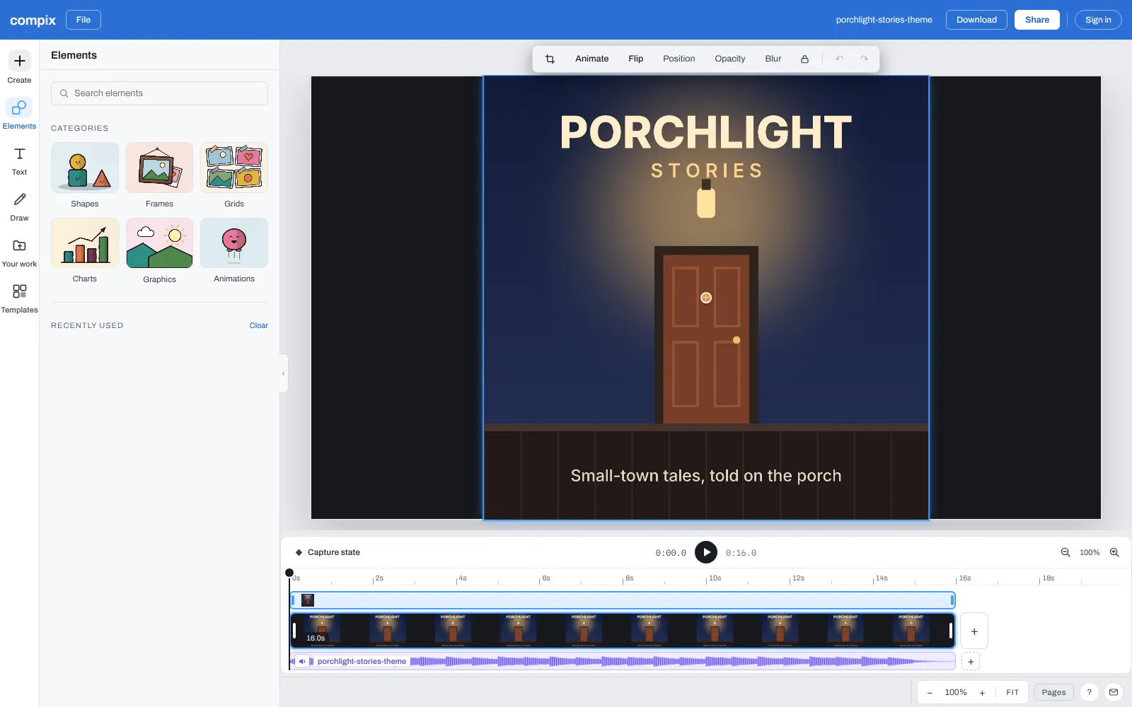 The MP3 to MP4 converter page, its editor picture showing the Porchlight Stories podcast theme open as a wide video page, the show's cover art in the middle and the sound on the timeline, with the Download menu on MP4
