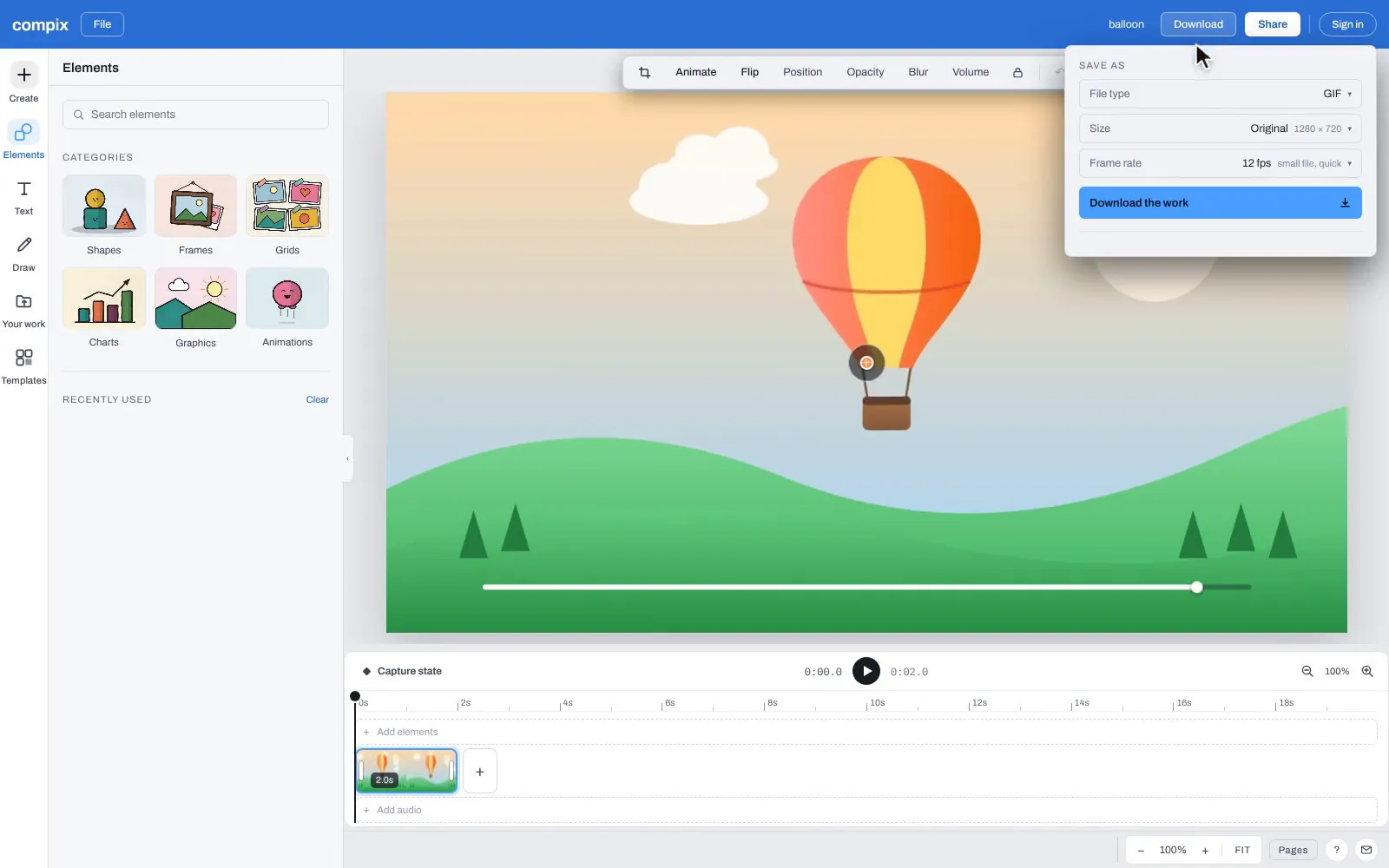 The Compix editor with an MP4 of a hot air balloon over green hills, dropped from the MP4 to GIF page, and the Download menu on GIF