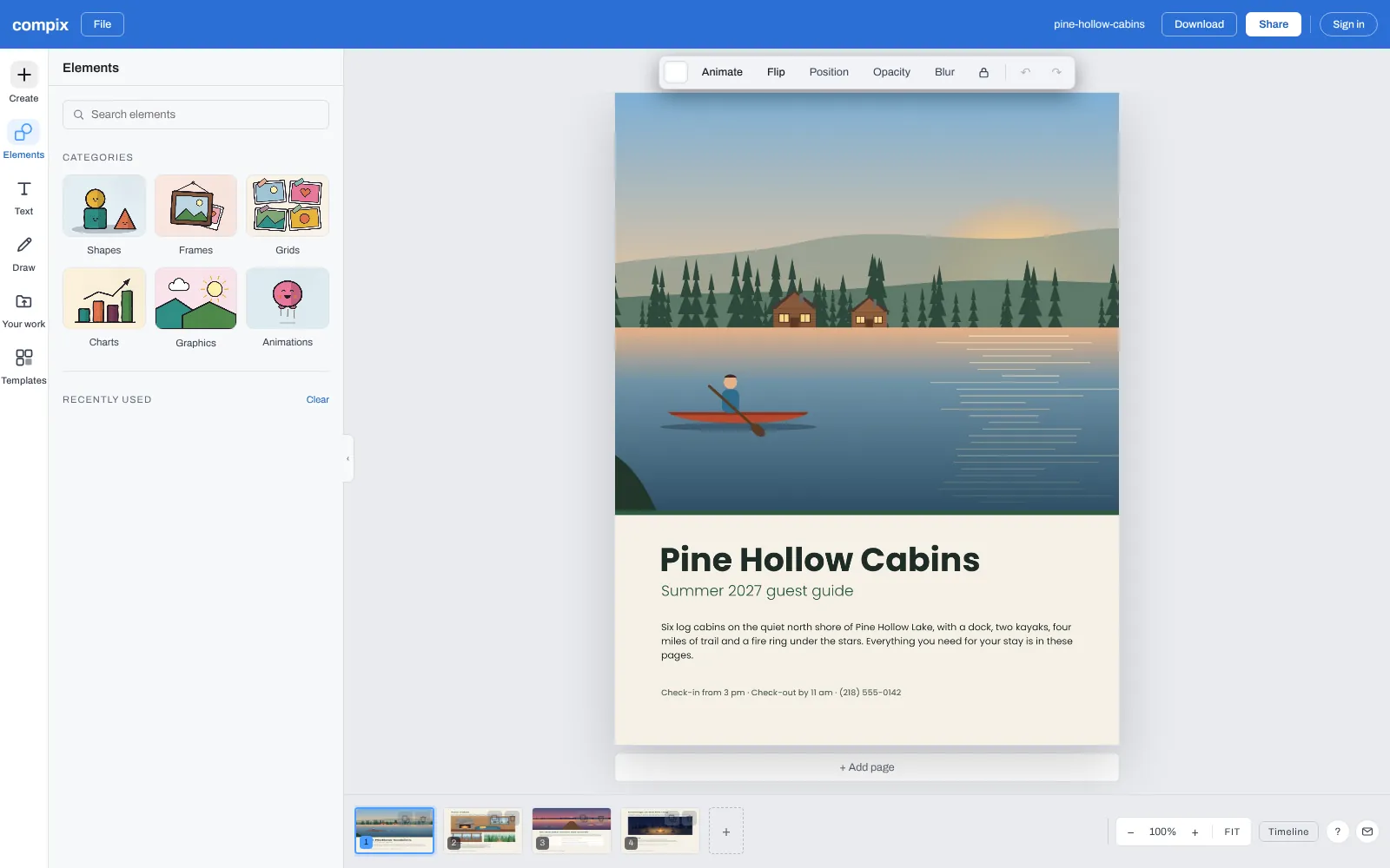 The PDF to JPEG converter page, its editor picture showing the cover of the Pine Hollow Cabins summer guest guide, a lake at golden hour, opened in the Compix editor