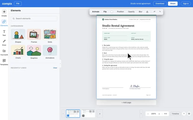 The Compix editor with a two-page rental agreement open: the tenant name and start date typed on the form, a signature drawn with the pen, a line highlighted in yellow, and the Download menu on PDF