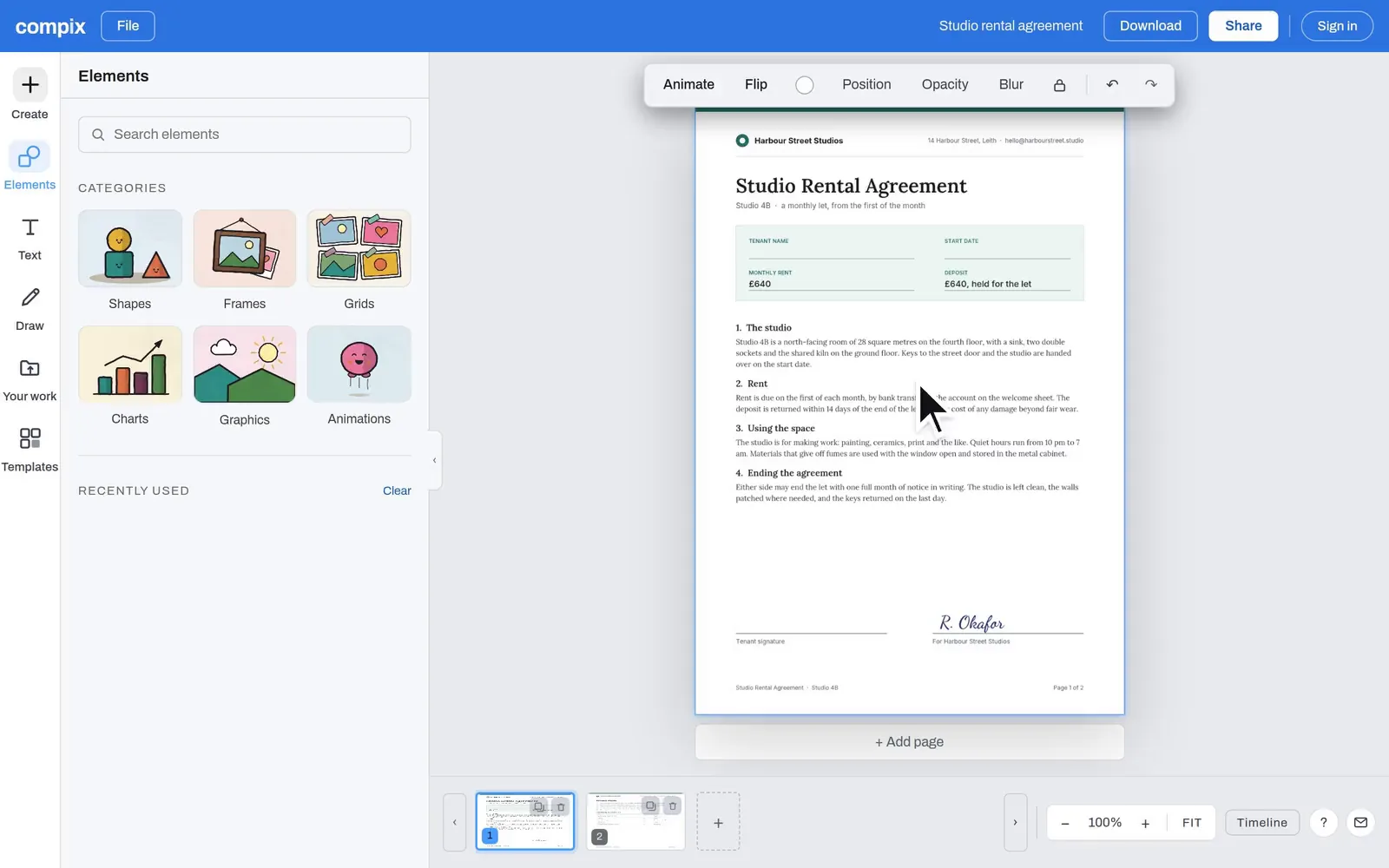 The Compix editor with a two-page rental agreement open: the tenant name and start date typed on the form, a signature drawn with the pen, a line highlighted in yellow, and the Download menu on PDF