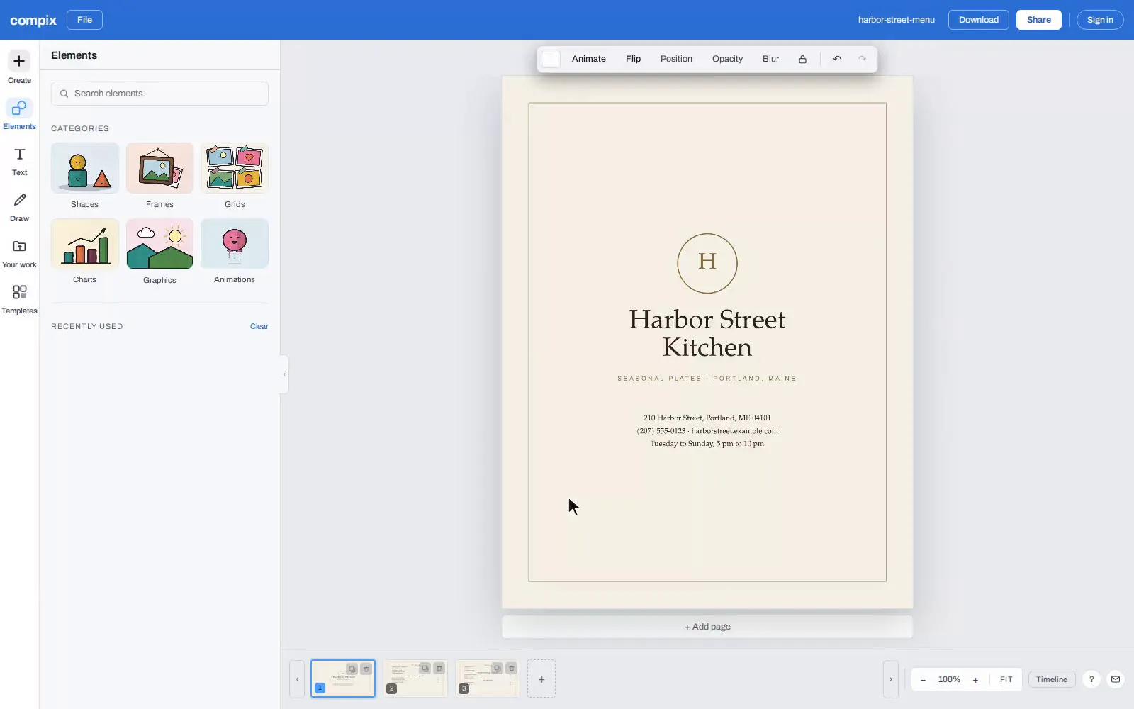 The Compix editor with Harbor Street Kitchen's three-page menu opened from a PDF: the cover on the page and the other two pages in the strip below