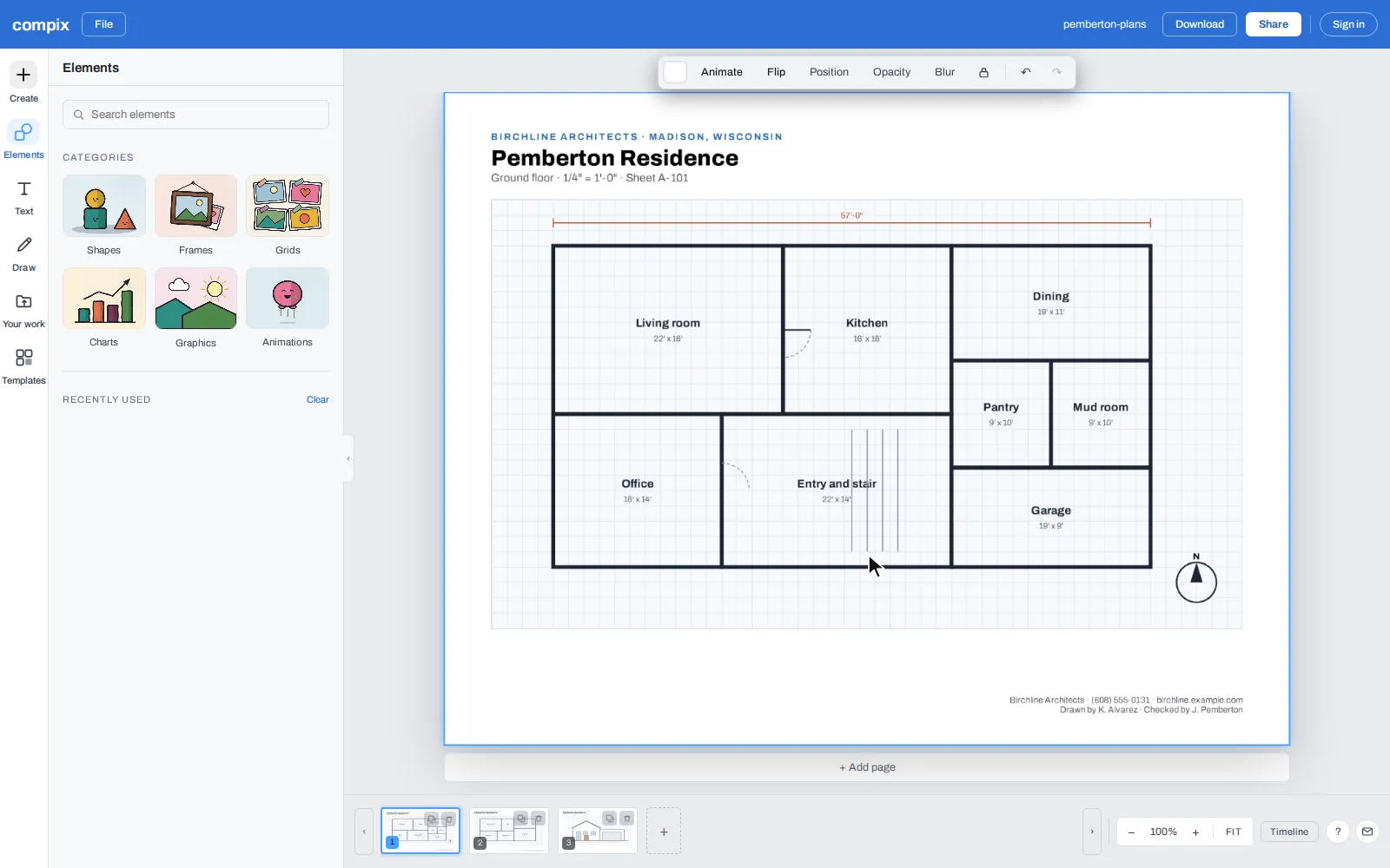 The Compix editor with the Pemberton Residence house plans opened from a PDF: the ground floor plan on the page and the other two sheets in the strip below