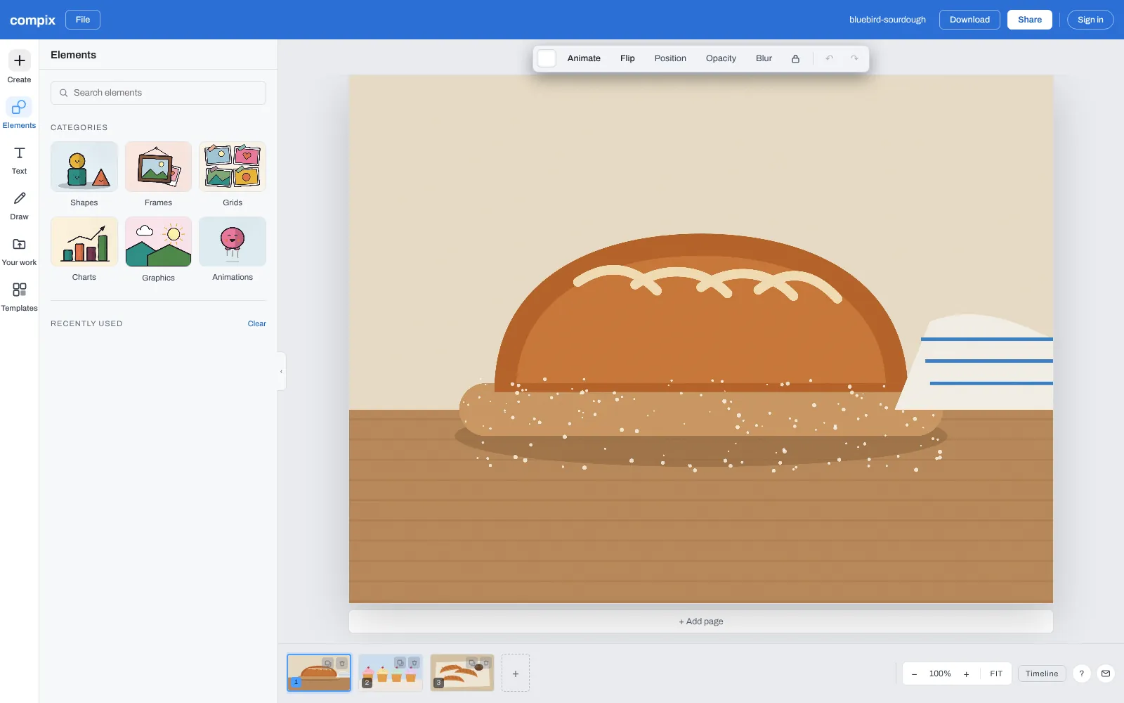 The PDF converter page, its editor picture showing three photos from Bluebird Bakery, a sourdough loaf, cupcakes and croissants, opened as the pages of one PDF