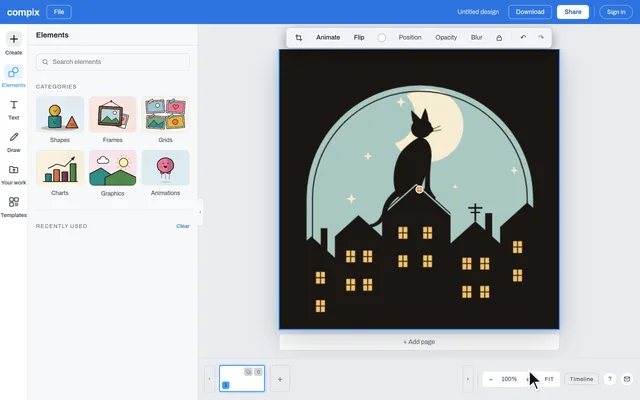 The Compix editor with a picture of a cat on the rooftops as the page; a two-line heading is typed, made smaller and highlighted, a sparkles sticker placed beside it, and the heading made to rise in