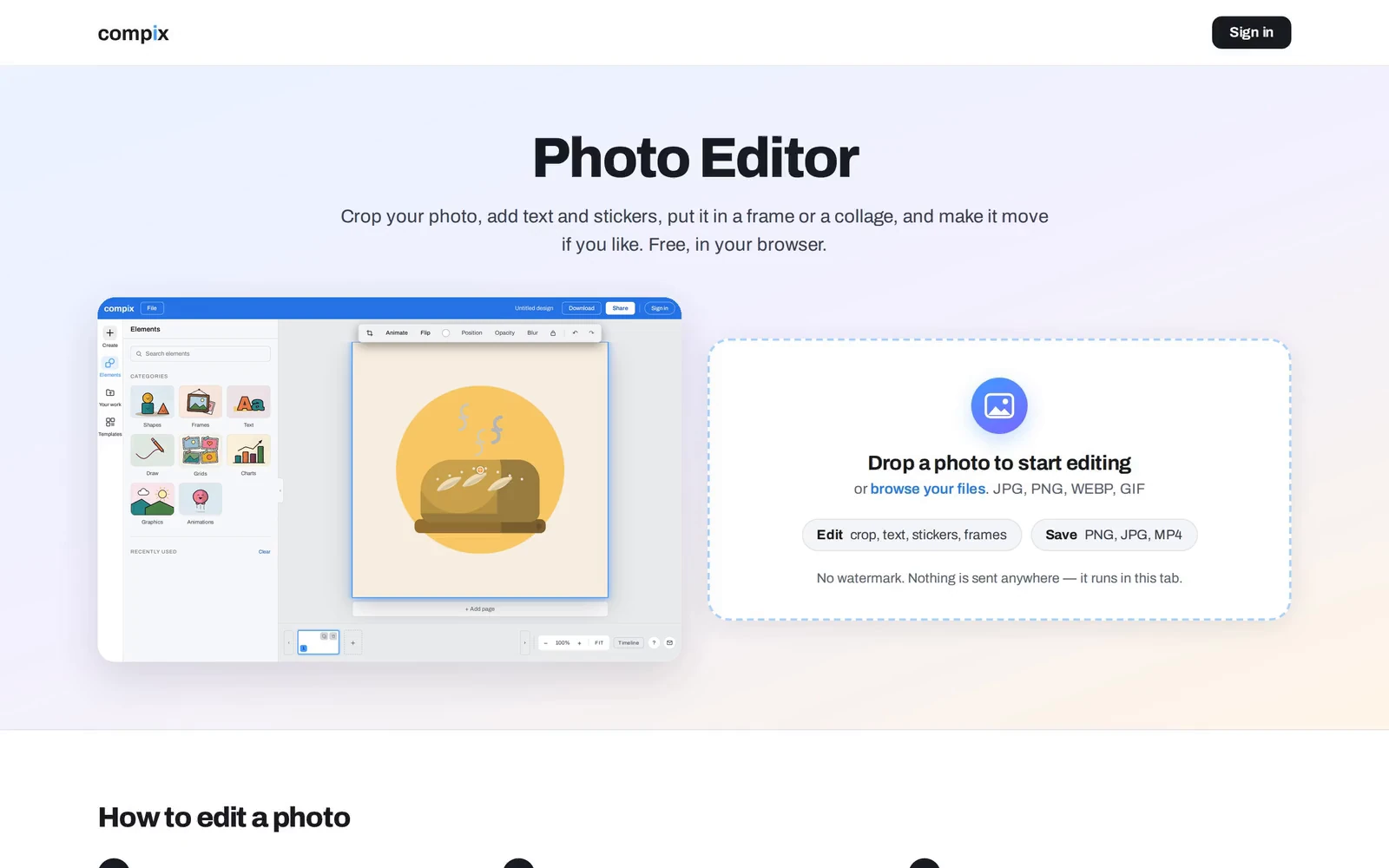 A photo of a loaf dropped on this page opens in the Compix editor; a heading, a croissant sticker and a rise-in animation are added