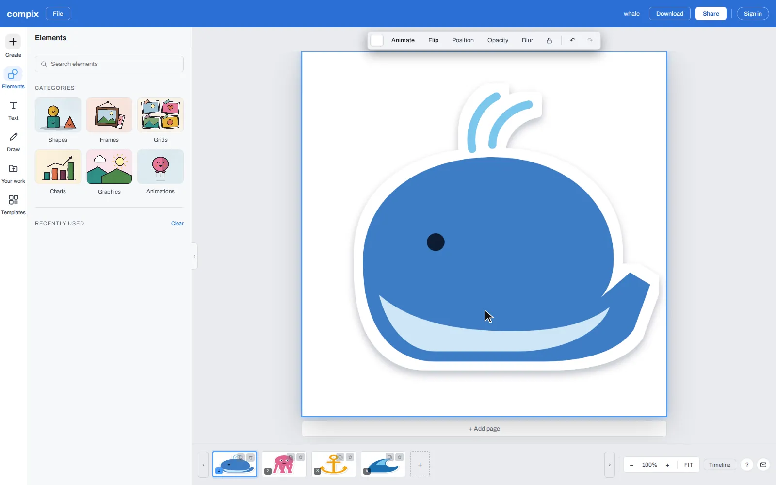 The Compix editor with four ocean stickers opened from PNG files: the whale on the page, and the octopus, the anchor and the wave in the strip below