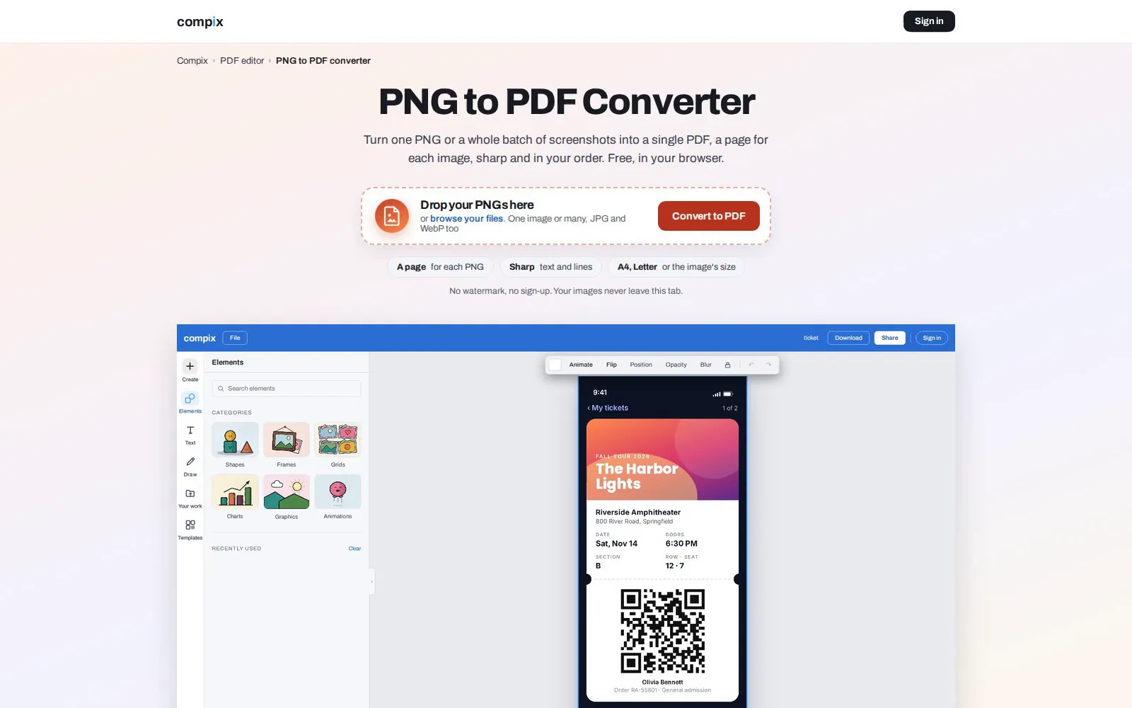The Compix page for PNG to PDF, its editor picture showing a phone screenshot of a concert ticket, The Harbor Lights, opened as a page