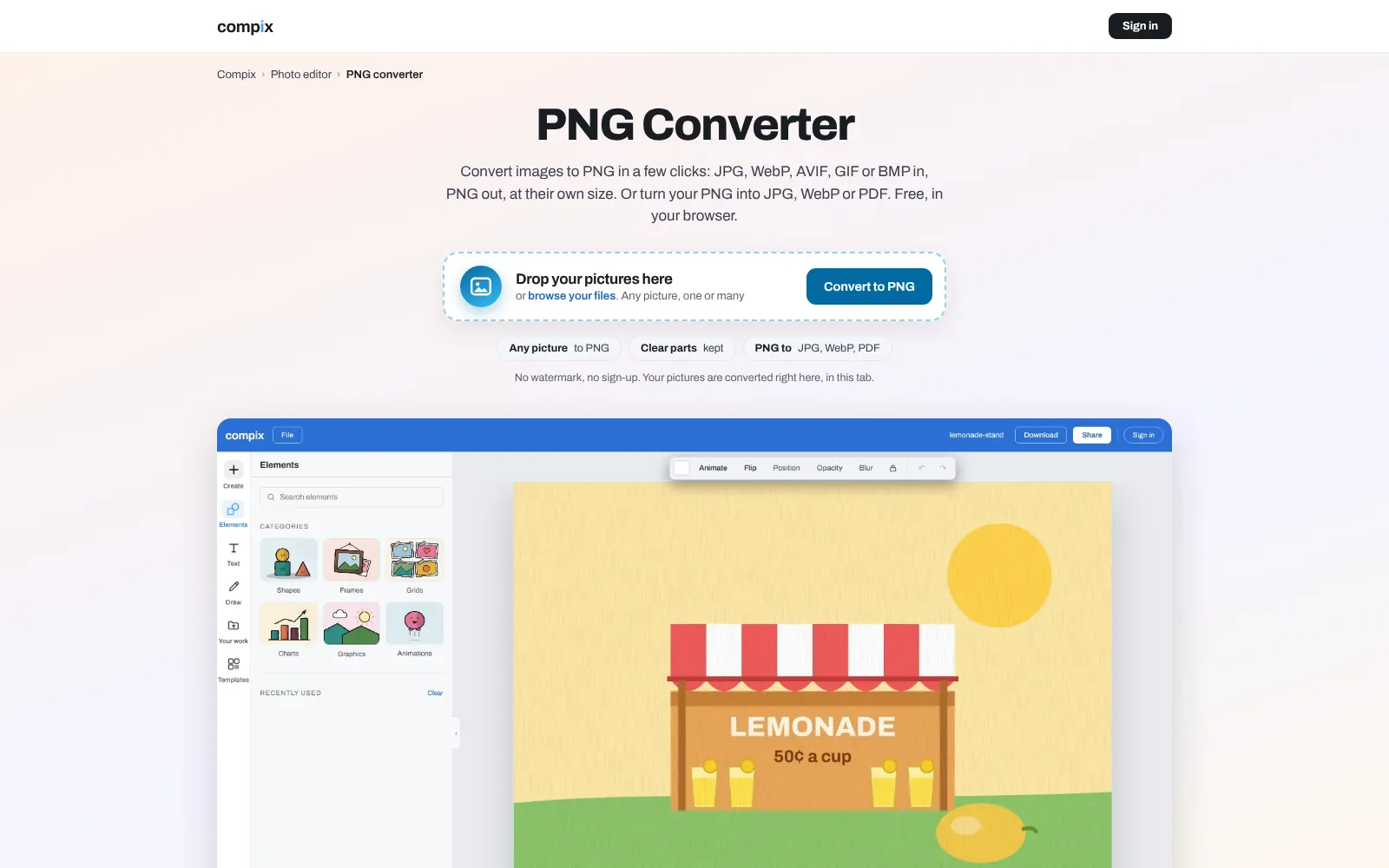 The Compix PNG converter page, its editor picture showing a lemonade stand opened from a WebP file