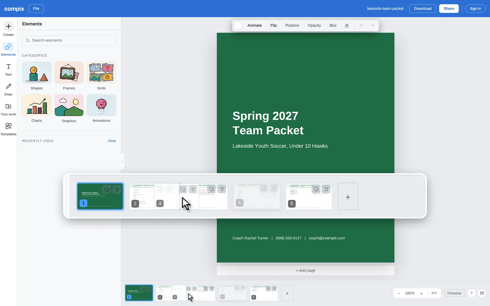 The PDF Organizer page, its editor picture showing a youth soccer team packet PDF open in the editor, its pages in the strip below, the spring schedule being dragged up to second place
