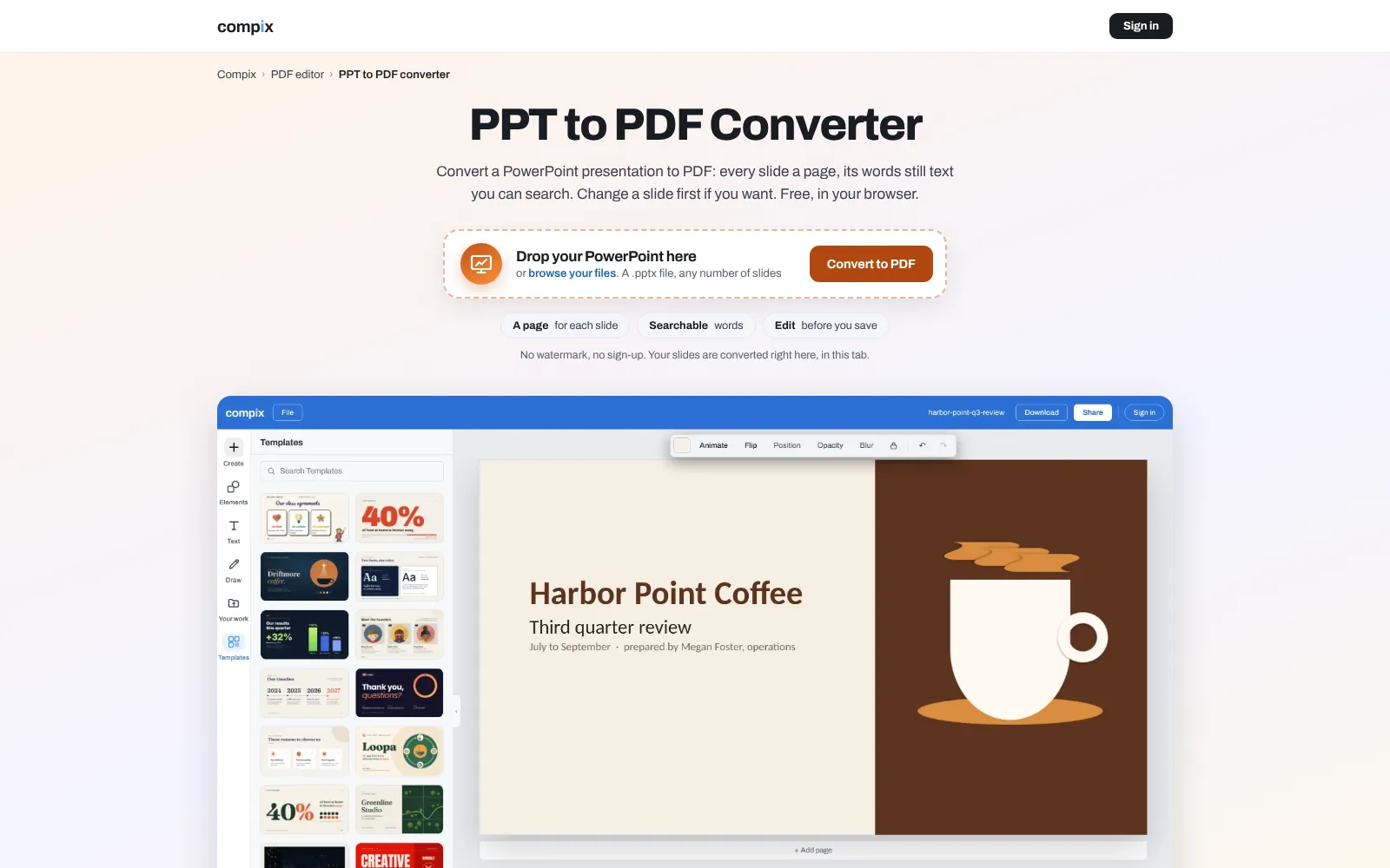 The PPT to PDF converter page, its editor picture showing the cover slide of the Harbor Point Coffee third quarter review opened in the Compix editor