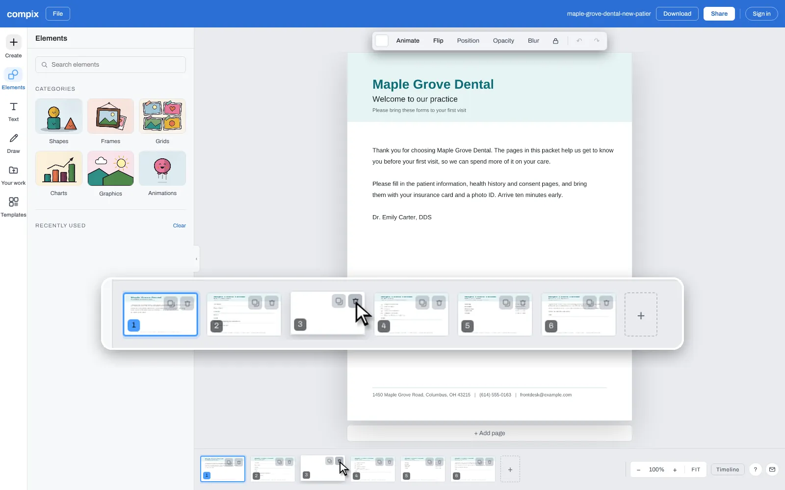 The PDF Page Remover page, its editor picture showing a dental office's new patient packet PDF open, its six pages in the strip below, the trash button on a blank page about to be pressed
