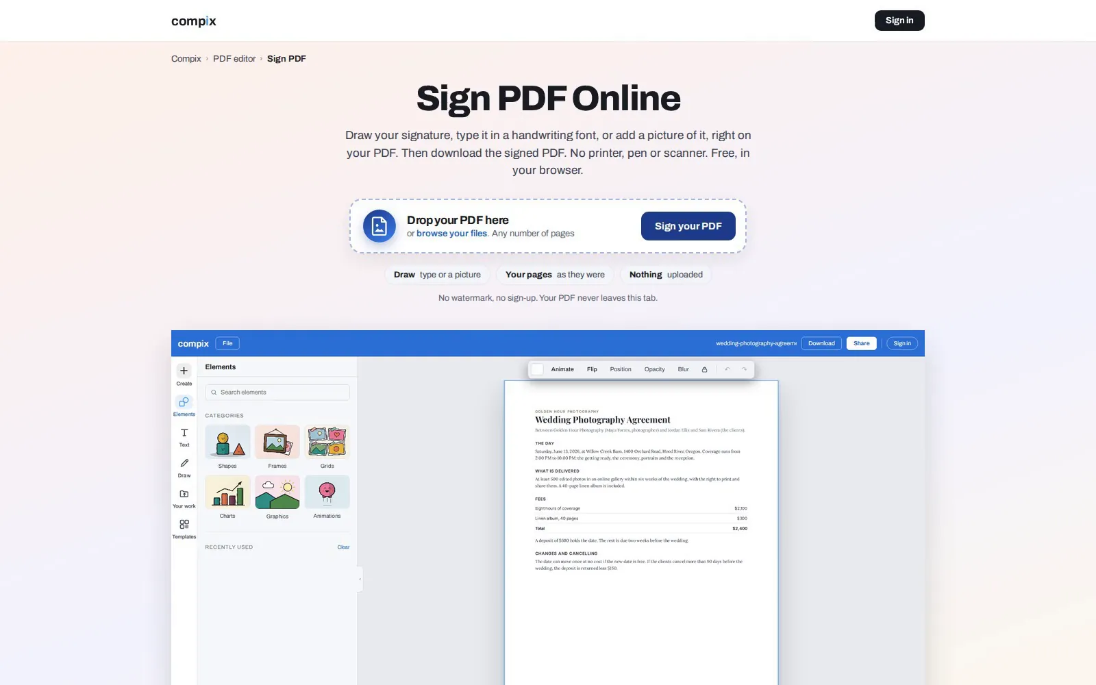 The Compix page for signing a PDF, its editor picture showing page 1 of a wedding photography agreement opened from a PDF