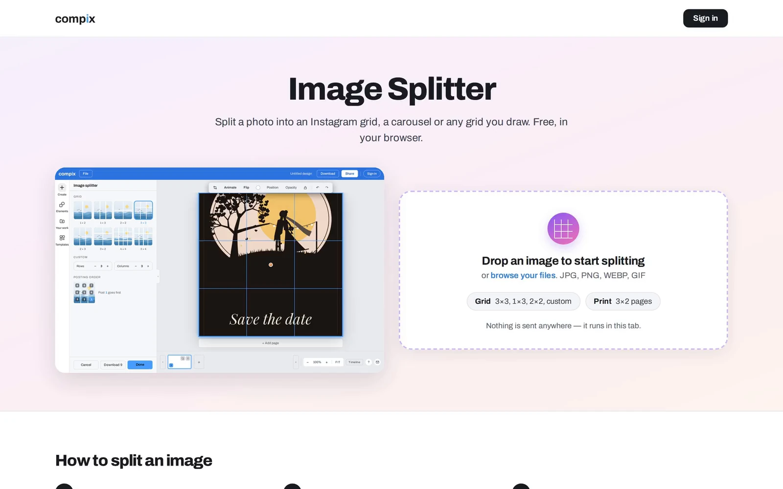 A save-the-date dropped on this page opens in Compix with a grid on it; 1×3, 2×2, then 3×3 and Done cut it into nine posts, downloaded as a ZIP