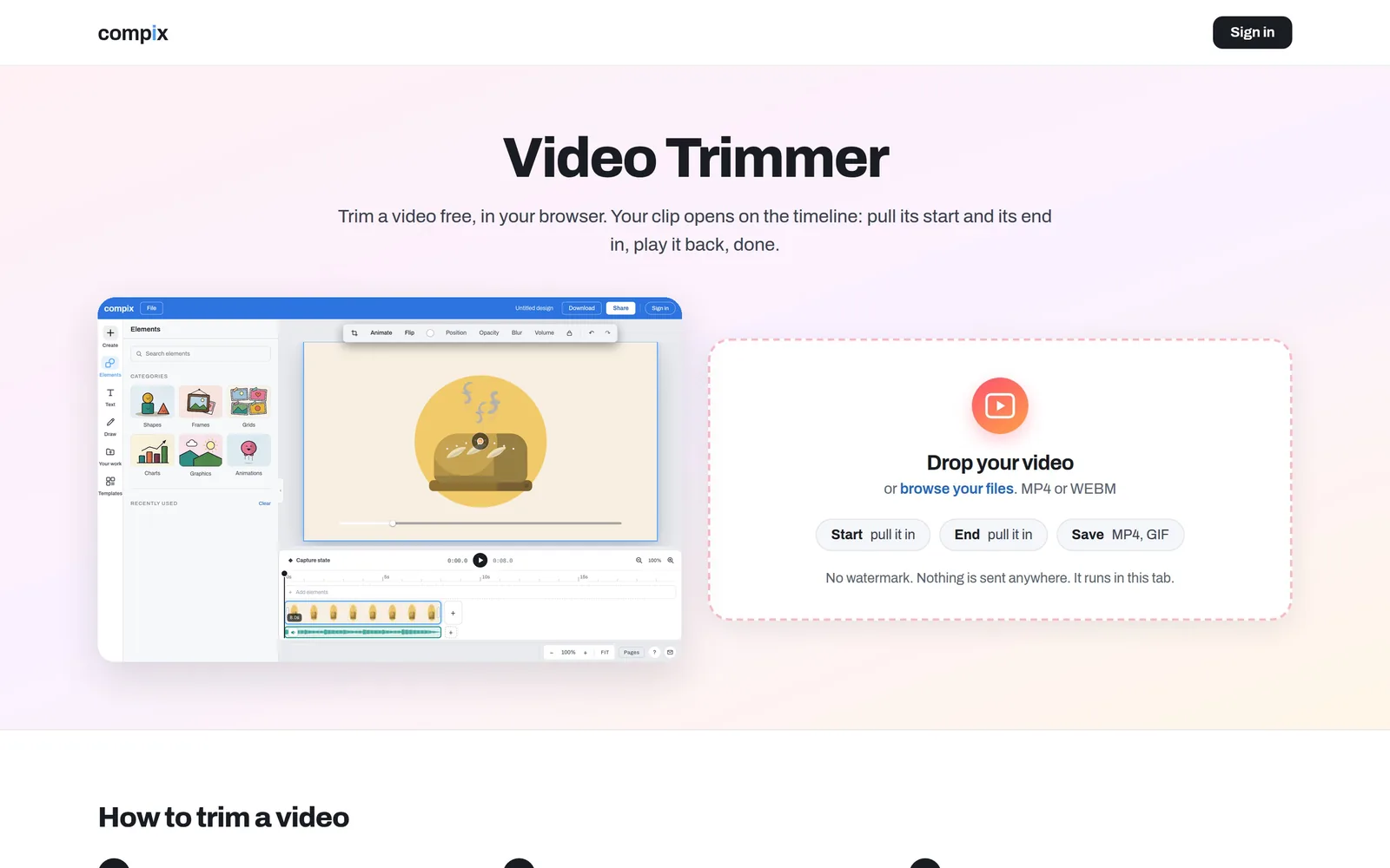 A clip with sound dropped on this page opens in Compix on the timeline, its sound under it; the timeline is zoomed in, the end and the start are pulled in with the sound trimmed along, and it downloads as an MP4