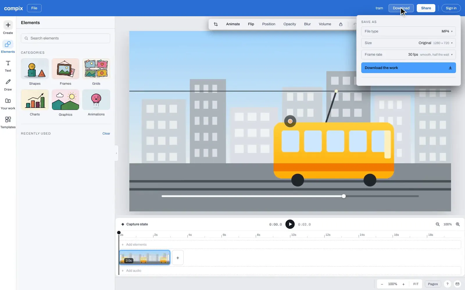 The Compix editor with a MOV of a yellow tram on a city street, dropped from the video converter page, and the Download menu on MP4