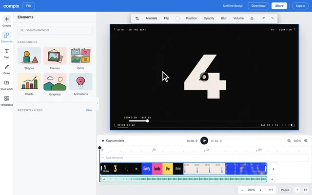 The Compix editor with the On the beat clip on a video page and the timeline below; the clip's count-in is trimmed off, the title Live this Friday rises in over the cuts, and it plays back