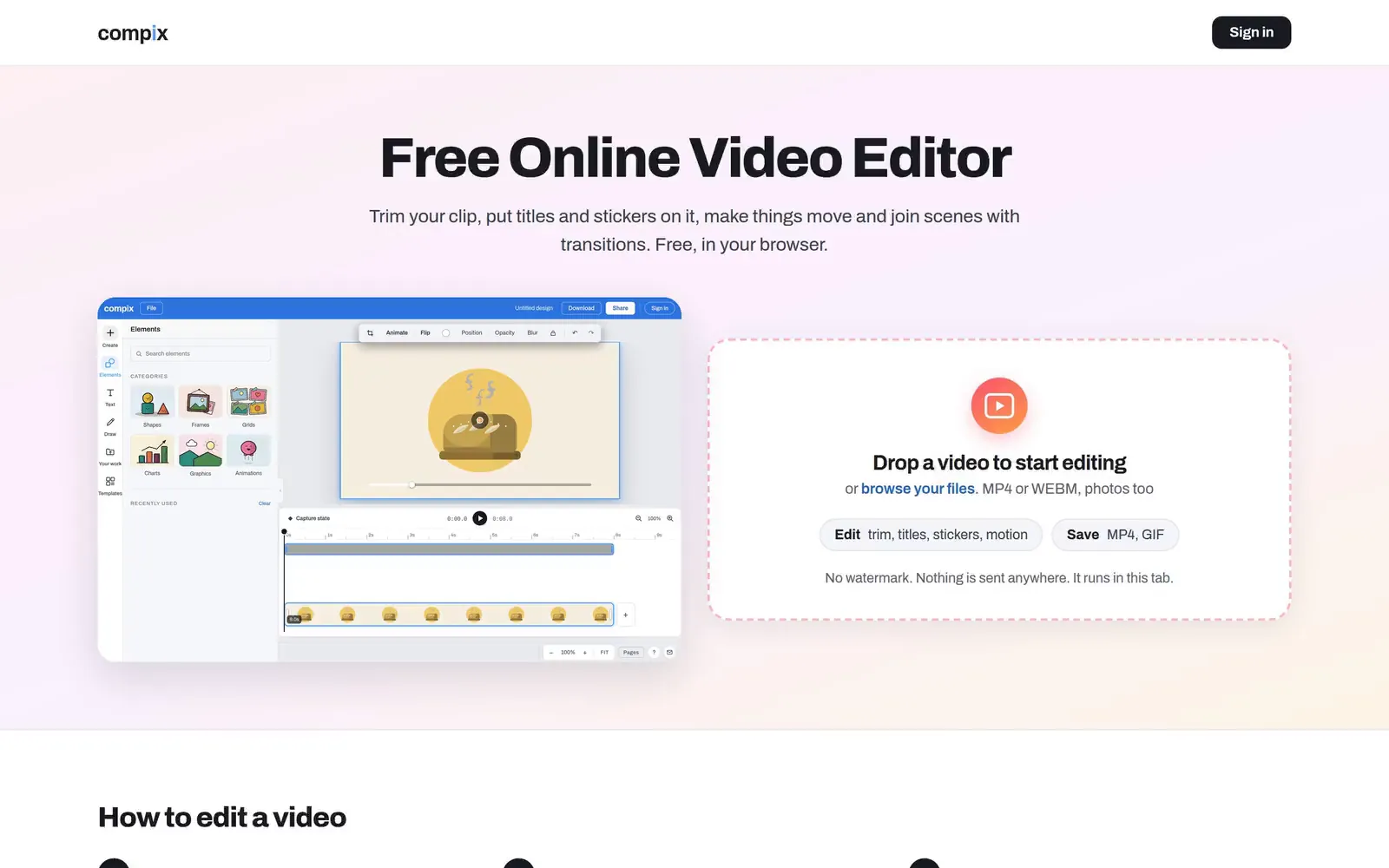 A clip of a steaming loaf dropped on this page opens in the Compix editor on a video page with the timeline; the clip is trimmed and a title rises in