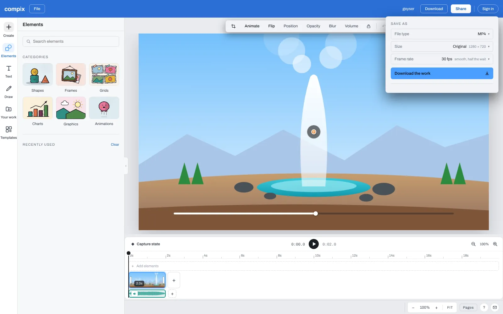 The Compix editor with a WebM of a geyser erupting from a turquoise pool, dropped from the WebM to MP4 page, and the Download menu on MP4
