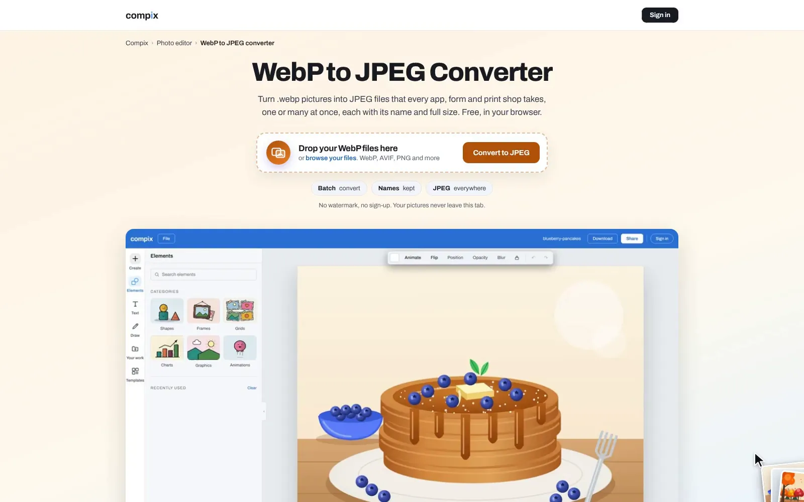 The WebP to JPEG converter page, its editor picture showing three pictures made as WebP files in the Compix editor, a page for each: a stack of blueberry pancakes on the page, and a denim jacket and an autumn forest in the strip below