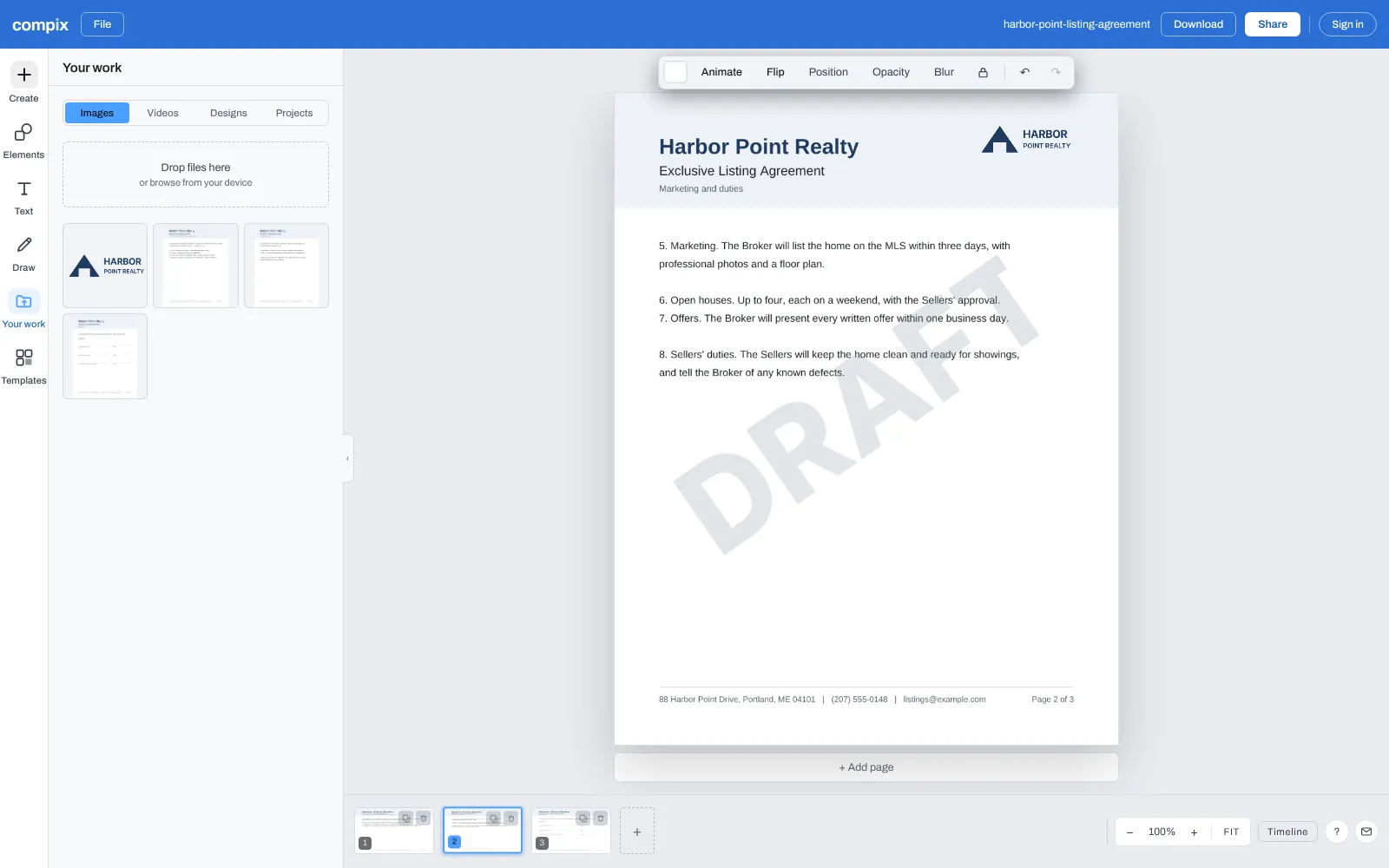 The Add Watermark to PDF page, its editor picture showing a real estate listing agreement PDF with a faint gray DRAFT across the page and the agency logo in the corner, its pages in the strip below