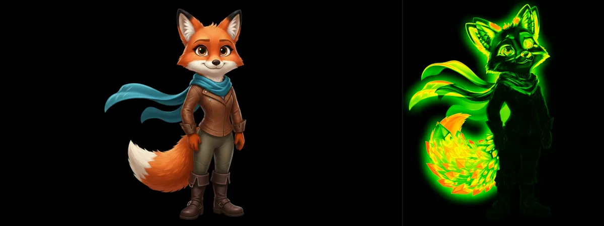 Original character artwork alongside its pixel diff heatmap — green and orange regions show every pixel that changed between two AI-generated variants