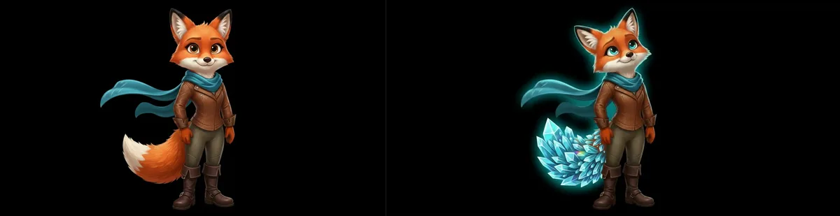 Before and after image comparison — original character artwork alongside a variant with different visual elements, ready for blink comparison