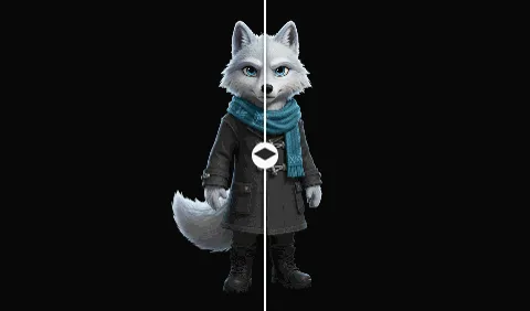 Split wipe comparison of two AI character generations — drag the divider to inspect drift at pixel level